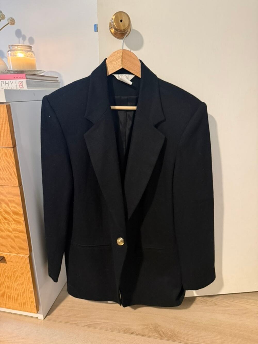 Vintage Black Wool Blend Blazer | Gold Button Power Jacket ✨
